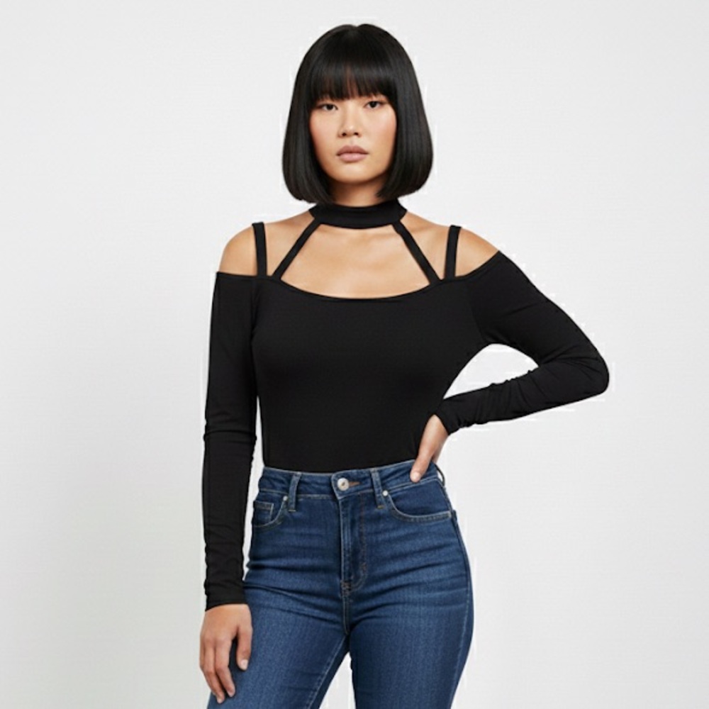 Fashion Nova Black High Hopes Bodysuit large soft collar off shoulder straps L